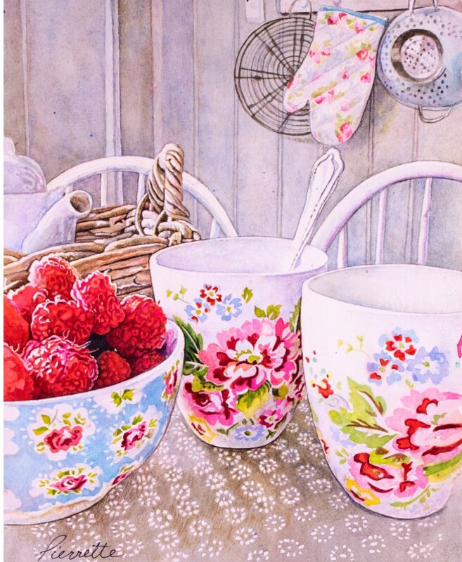 "Raspberry Tea Time" Original Watercolor Painting by Pierrette Komarek